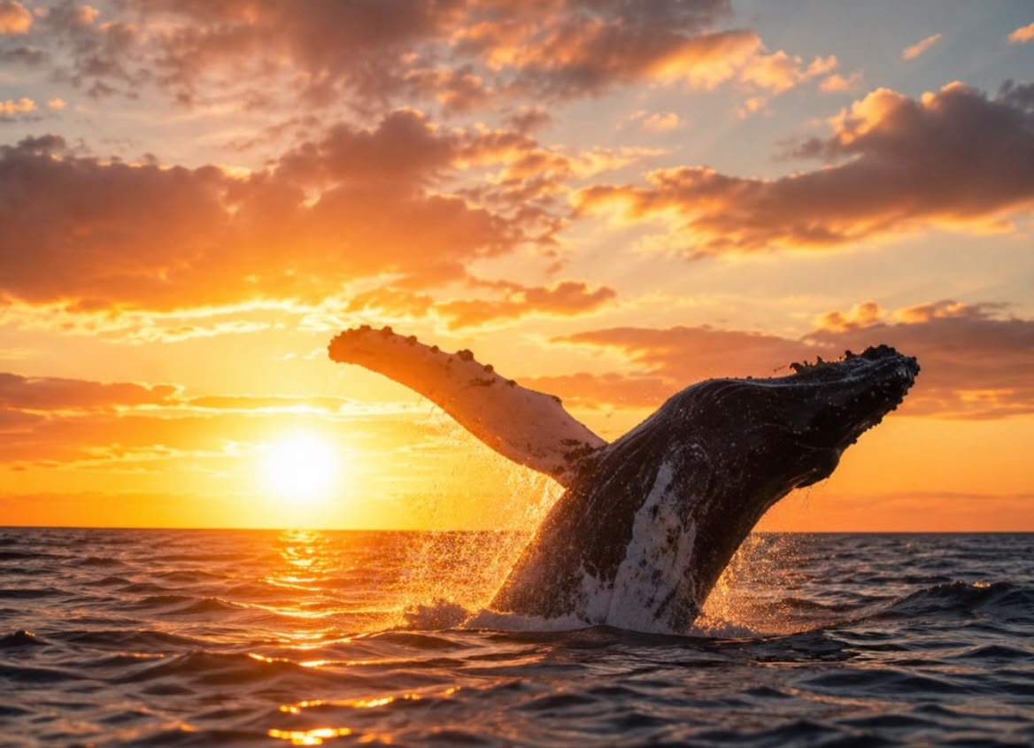 Ballena jorobada saltando al atardecer en mar abierto